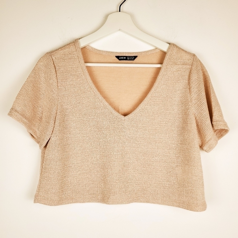 Shein Small nude V-neck‎ Waffle knit Crop Top Short sleeves